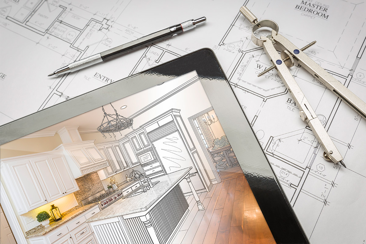 A tablet shows a kitchen sketch with a compass on a blueprint, highlighting choices between custom and pre-built homes. Home For Sale.